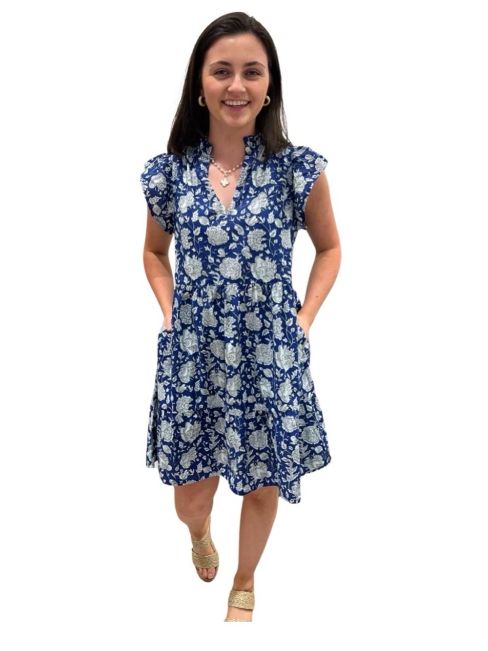 The Tinley Blue White Floral Cotton Block Print Short Dress